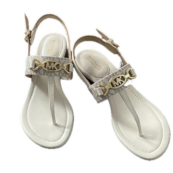 Michael Kors White T-Strap Thong Sandals.1.25" Heel Gold Logo Sz 6 - Picture 1 of 8
